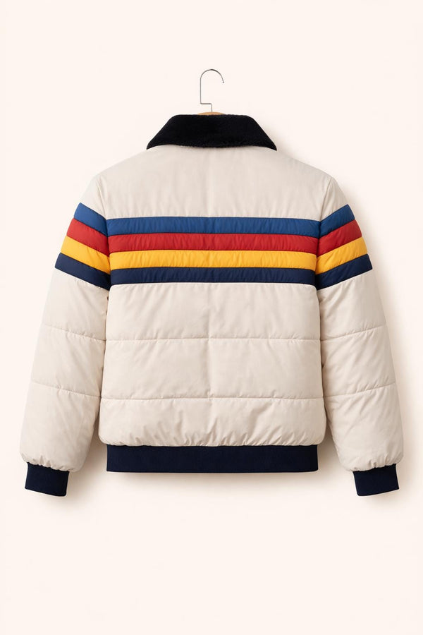 Retro Rainbow Puffer Jacket for Men – Handmade Color Block Winter Jacket, Quilted Bomber