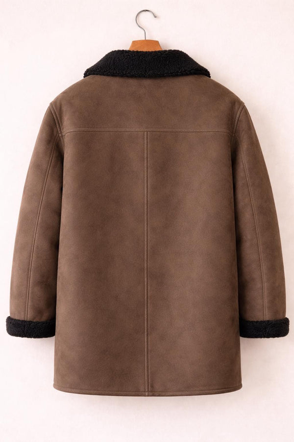 Brown Suede Shearling Jacket | Faux Fur Lined Winter Coat