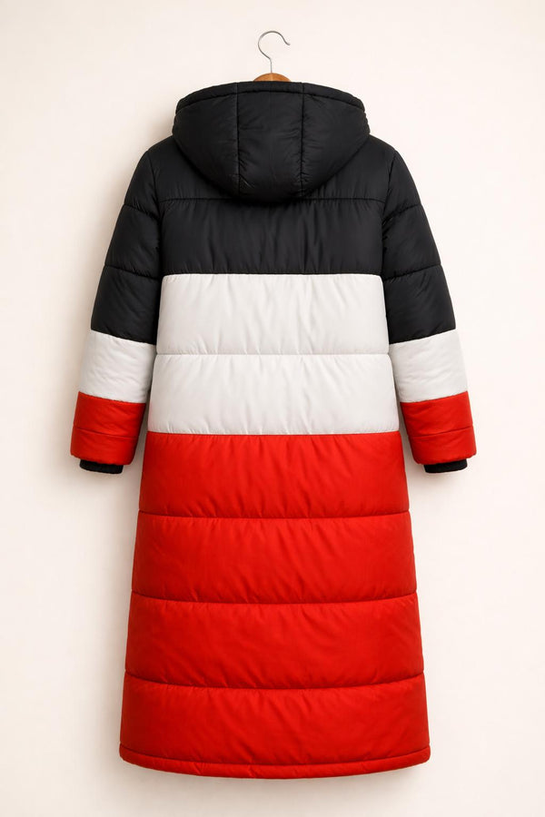 Color Block Puffer Coat Long Hooded Winter Jacket