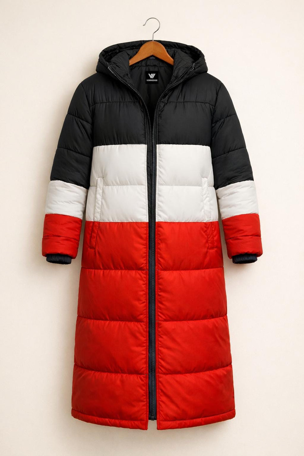 Color Block Puffer Coat Long Hooded Winter Jacket