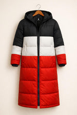 Color Block Puffer Coat Long Hooded Winter Jacket