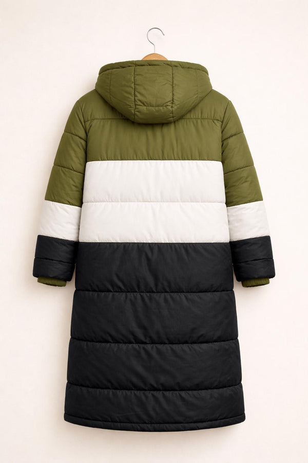Olive Color Block Puffer Coat  Long Hooded Winter Jacket