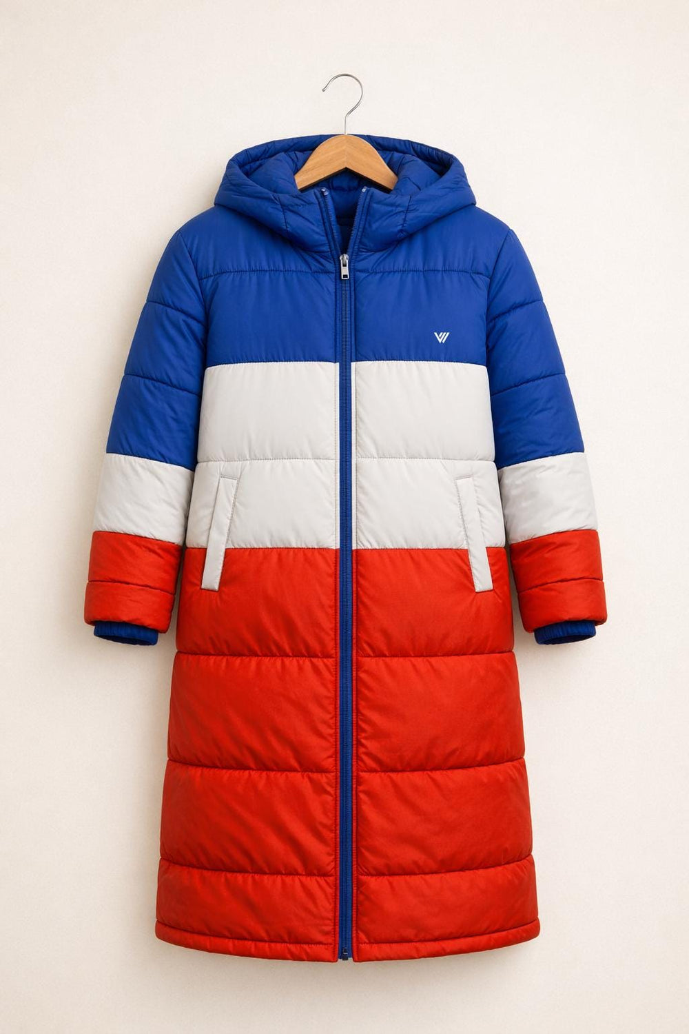Red Blue Color Block Puffer Coat Long Hooded Winter Jacket