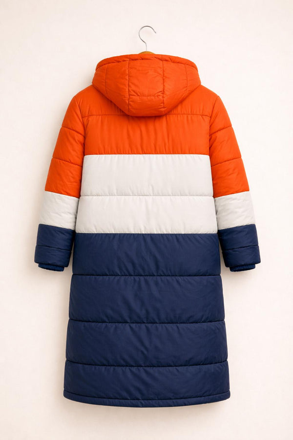 Orange Blue Color Block Puffer Coat Long Hooded Winter Jacket