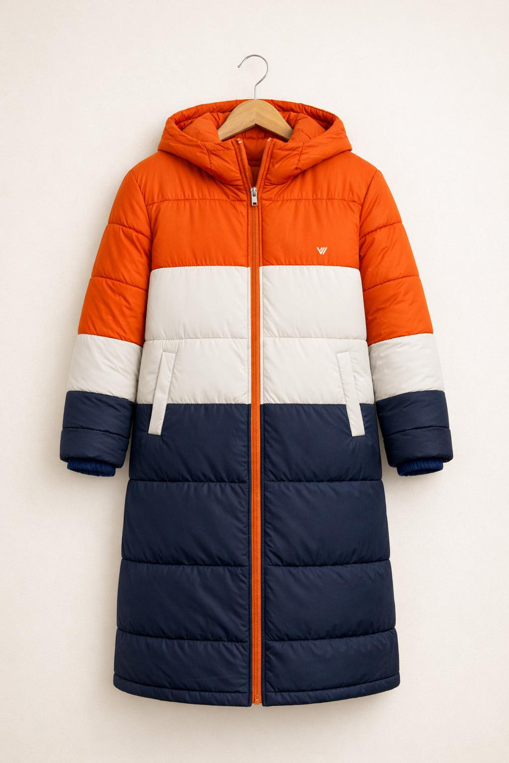Orange Blue Color Block Puffer Coat Long Hooded Winter Jacket