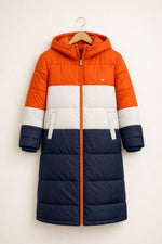 Orange Blue Color Block Puffer Coat Long Hooded Winter Jacket