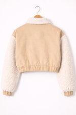 Beige Cropped Trucker Jacket with Faux Fur Sleeves & Sherpa Collar – By VornEdge