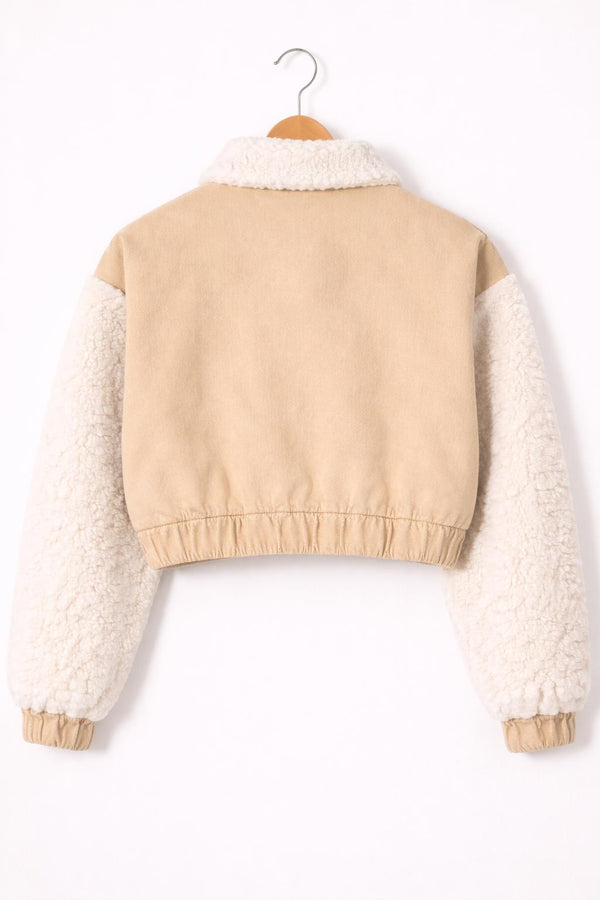 Beige Cropped Trucker Jacket with Faux Fur Sleeves & Sherpa Collar – By VornEdge