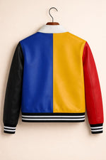 Men’s Colorblock Leather Jacket – Blue Yellow Red Varsity Coat