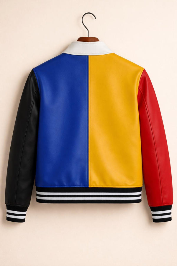 Men’s Colorblock Leather Jacket – Blue Yellow Red Varsity Coat