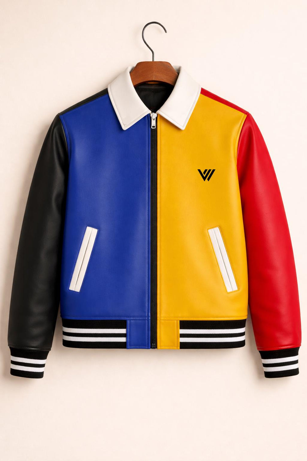 Men’s Colorblock Leather Jacket – Blue Yellow Red Varsity Coat