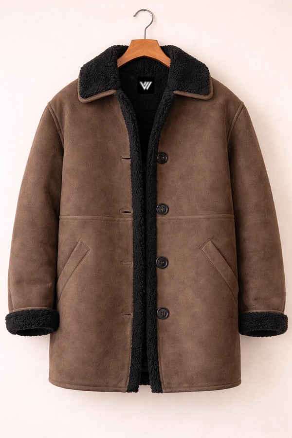 Brown Suede Shearling Jacket | Faux Fur Lined Winter Coat