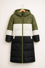 Olive Color Block Puffer Coat  Long Hooded Winter Jacket