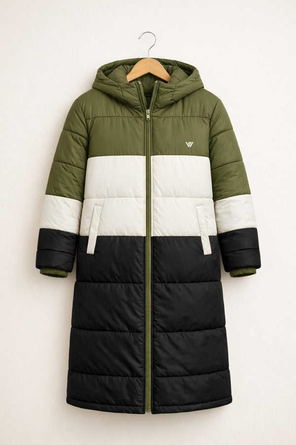 Olive Color Block Puffer Coat  Long Hooded Winter Jacket