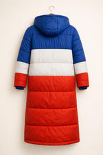 Red Blue Color Block Puffer Coat Long Hooded Winter Jacket