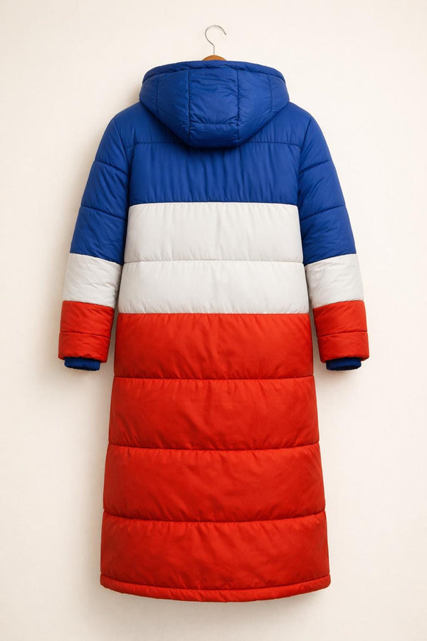 Red Blue Color Block Puffer Coat Long Hooded Winter Jacket