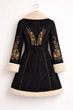 Black Floral Embroidered Shearling Coat Boho Winter Jacket