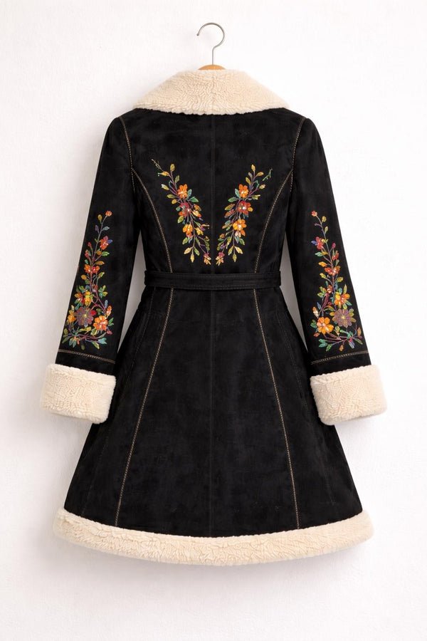 Black Floral Embroidered Shearling Coat Boho Winter Jacket