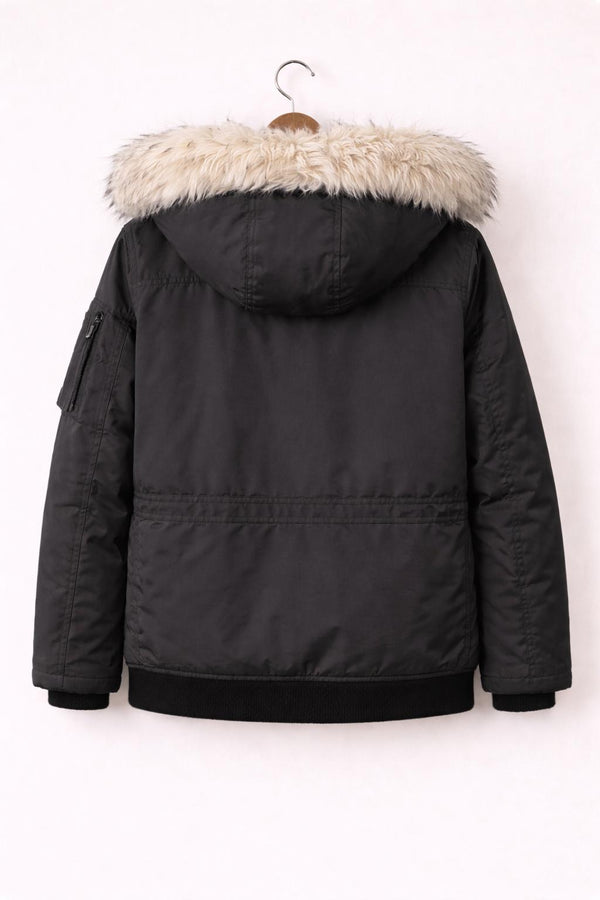 Black Fur Hooded Parka Jacket Men Winter Bomber Coat
