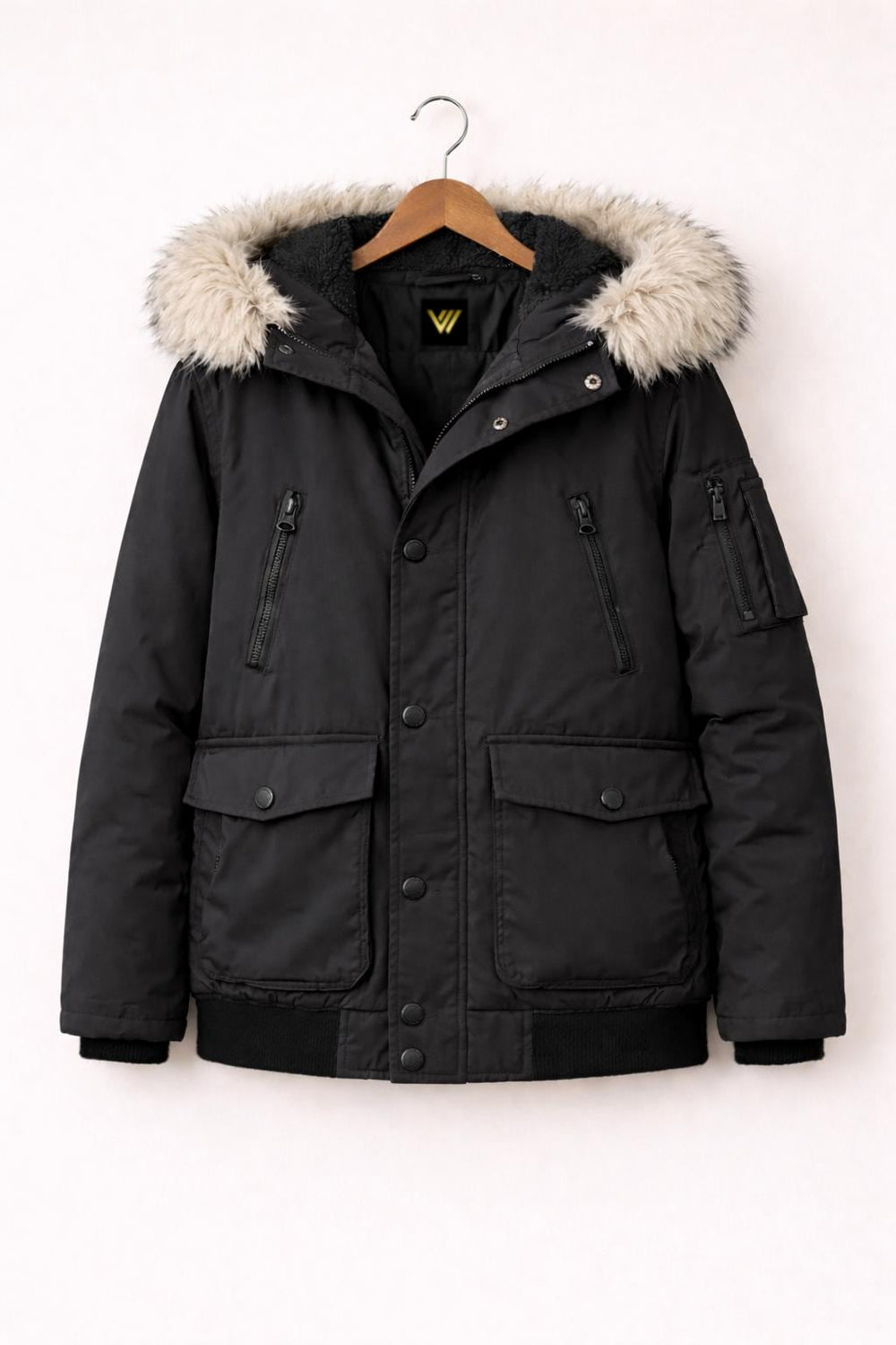 Black Fur Hooded Parka Jacket Men Winter Bomber Coat