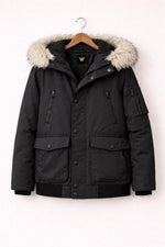 Black Fur Hooded Parka Jacket Men Winter Bomber Coat