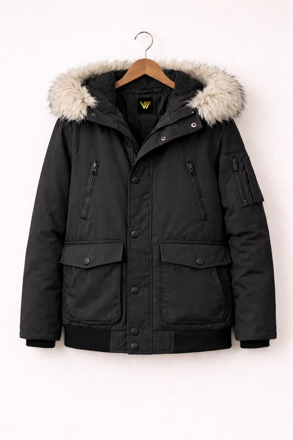 Black Fur Hooded Parka Jacket Men Winter Bomber Coat