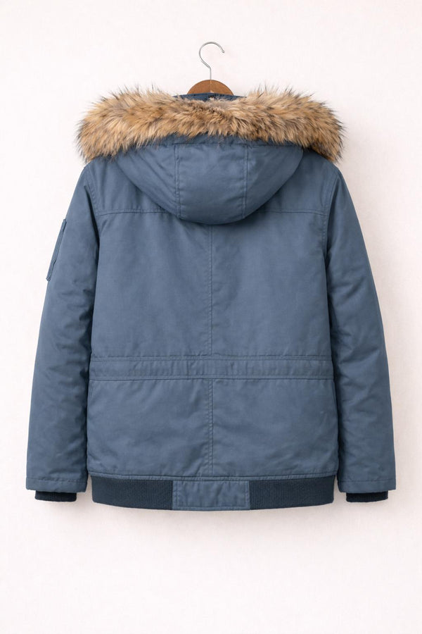 Blue Fur Hooded Parka Jacket | Winter Bomber Coat