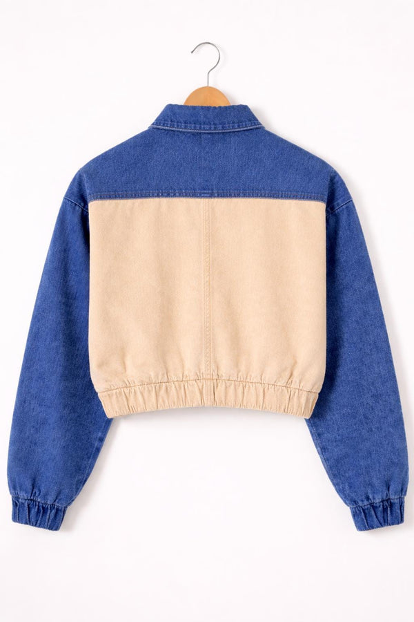 Blue & Beige Cotton Denim Cropped Trucker Jacket – By Vorn Edge