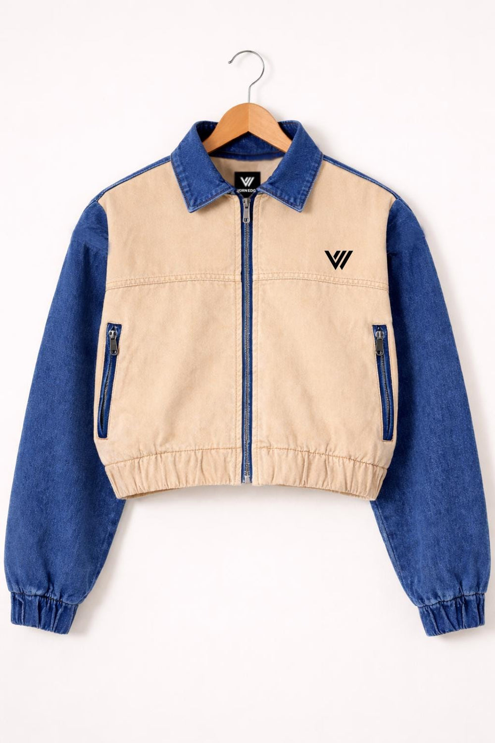 Blue & Beige Cotton Denim Cropped Trucker Jacket – By Vorn Edge