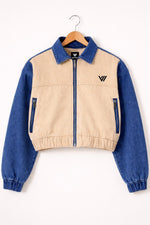 Blue & Beige Cotton Denim Cropped Trucker Jacket – By Vorn Edge
