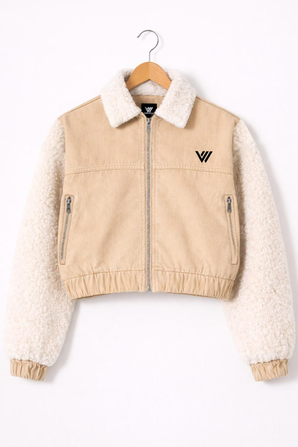 Beige Cropped Trucker Jacket with Faux Fur Sleeves & Sherpa Collar – By VornEdge