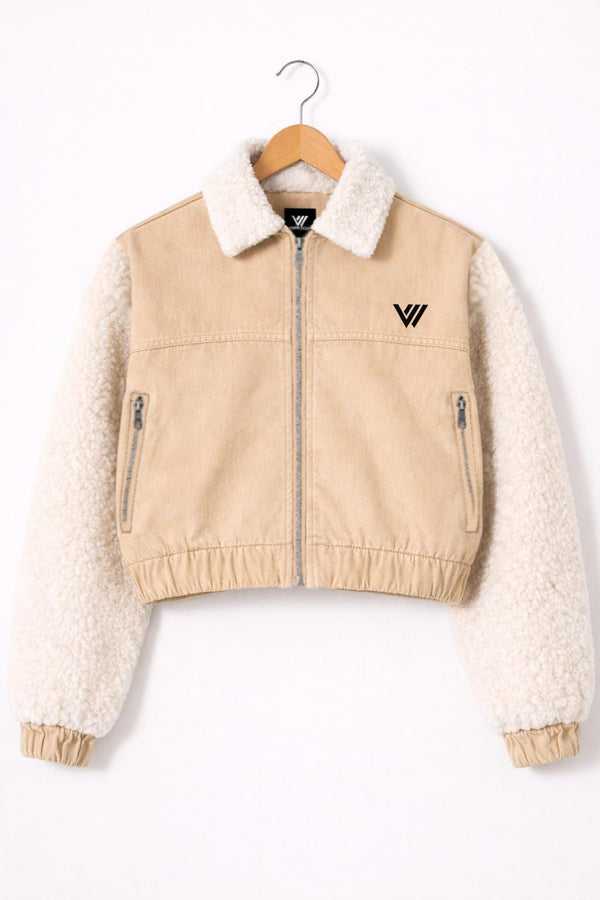 Beige Cropped Trucker Jacket with Faux Fur Sleeves & Sherpa Collar – By VornEdge