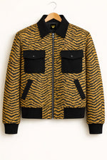 Tiger Print Wool Bomber Jacket Black Collar Streetwear Coat