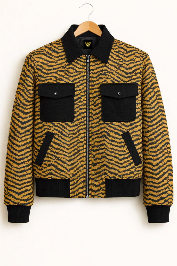 Tiger Print Wool Bomber Jacket Black Collar Streetwear Coat