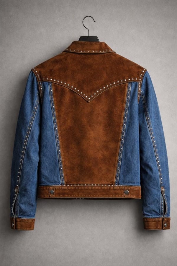 Vintage Western Leather and Denim Studded Jacket Rustic Cowboy Trucker Style Coat Men's Fashion