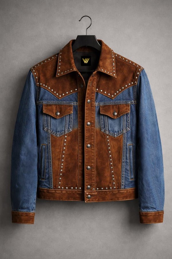 Vintage Western Leather and Denim Studded Jacket Rustic Cowboy Trucker Style Coat Men's Fashion