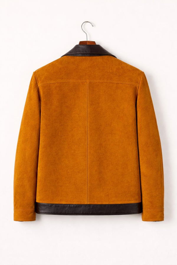 Men’s Suede Leather Jacket Brown Trim Zip Front Coat
