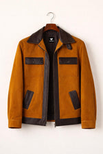 Men’s Suede Leather Jacket Brown Trim Zip Front Coat