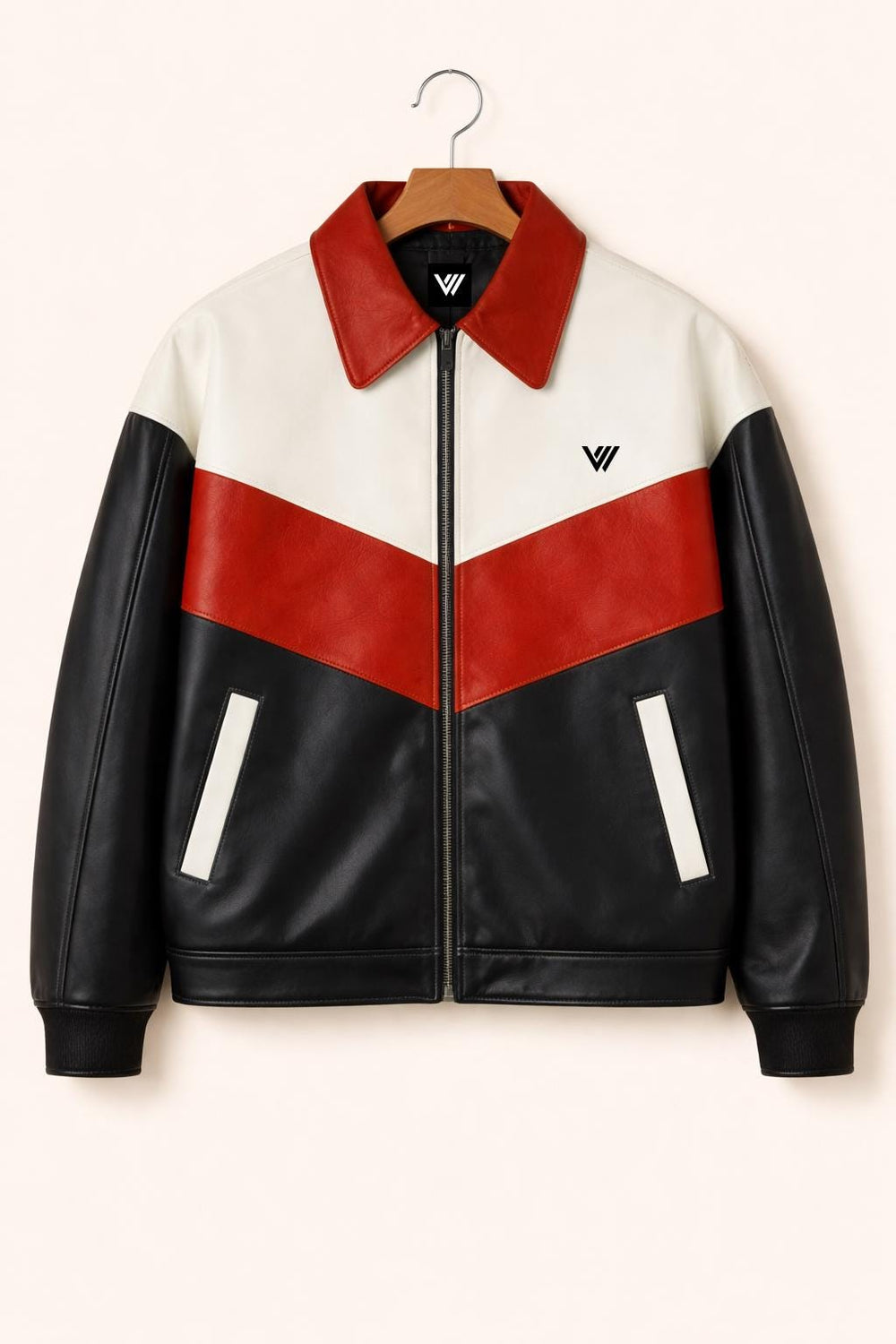 Red Black White Colorblock Leather Jacket – Retro Moto Style
