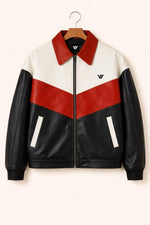 Red Black White Colorblock Leather Jacket – Retro Moto Style