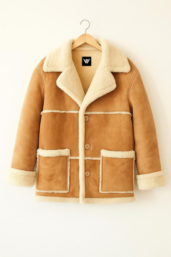 Men’s Tan Shearling Jacket – Suede Leather Winter Coat