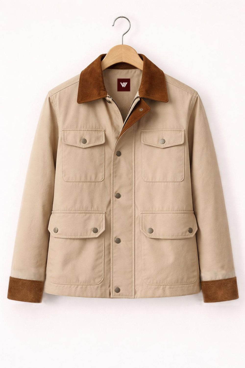 Beige Utility Jacket with Brown Suede Collar & Cuffs | Men’s Jacket