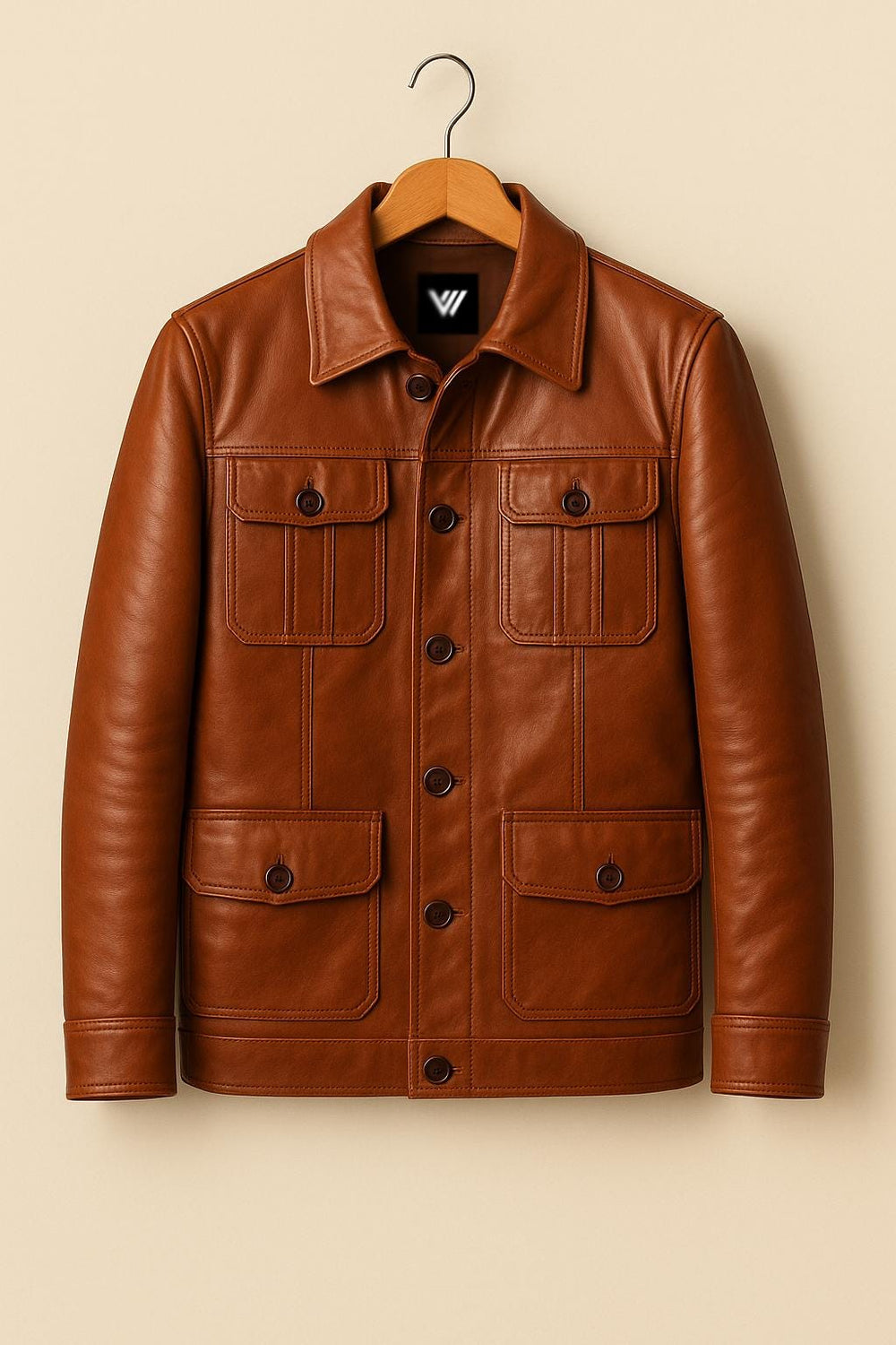 Vintage Cognac Leather Field Jacket: Handmade Cowhide Coat