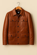 Vintage Cognac Leather Field Jacket: Handmade Cowhide Coat