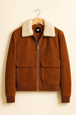 Handmade Brown Suede Shearling Bomber Jacket: Men's Vintage Aviator Coat