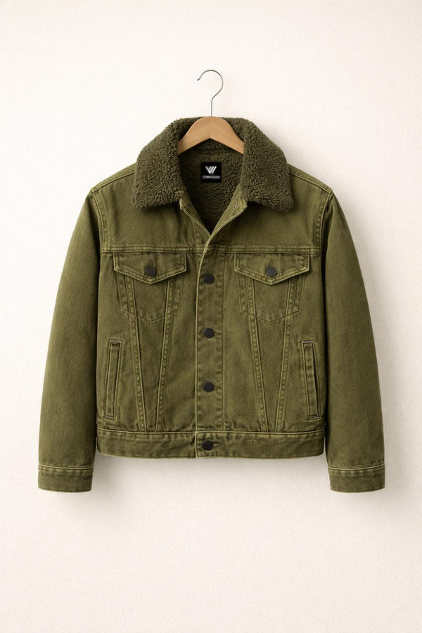 Dark Olive Sherpa Trucker Jacket Wool Lined Classic Fit