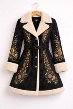 Black Floral Embroidered Shearling Coat Boho Winter Jacket