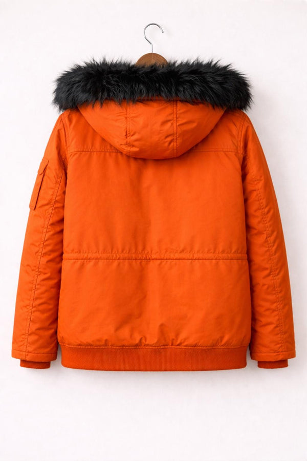 Orange Parka Jacket with Black Fur Hood | Winter Bomber Coat