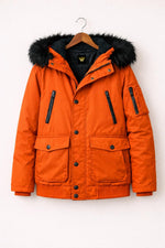 Orange Parka Jacket with Black Fur Hood | Winter Bomber Coat