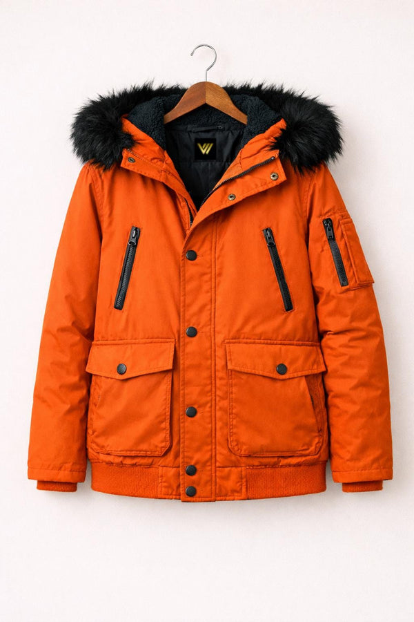 Orange Parka Jacket with Black Fur Hood | Winter Bomber Coat